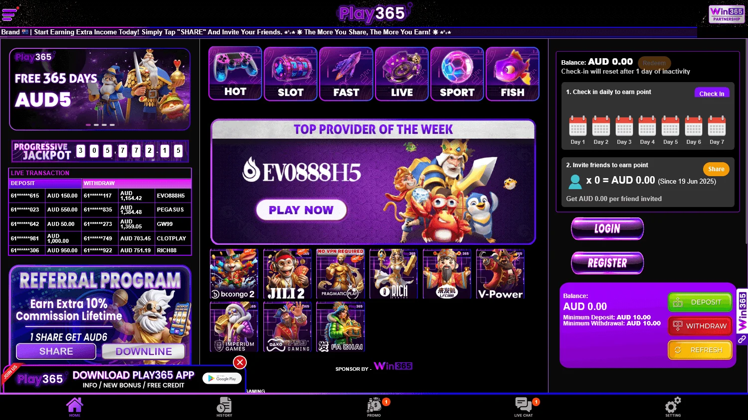 Play365 Casino home on a desktop browser for Australian players