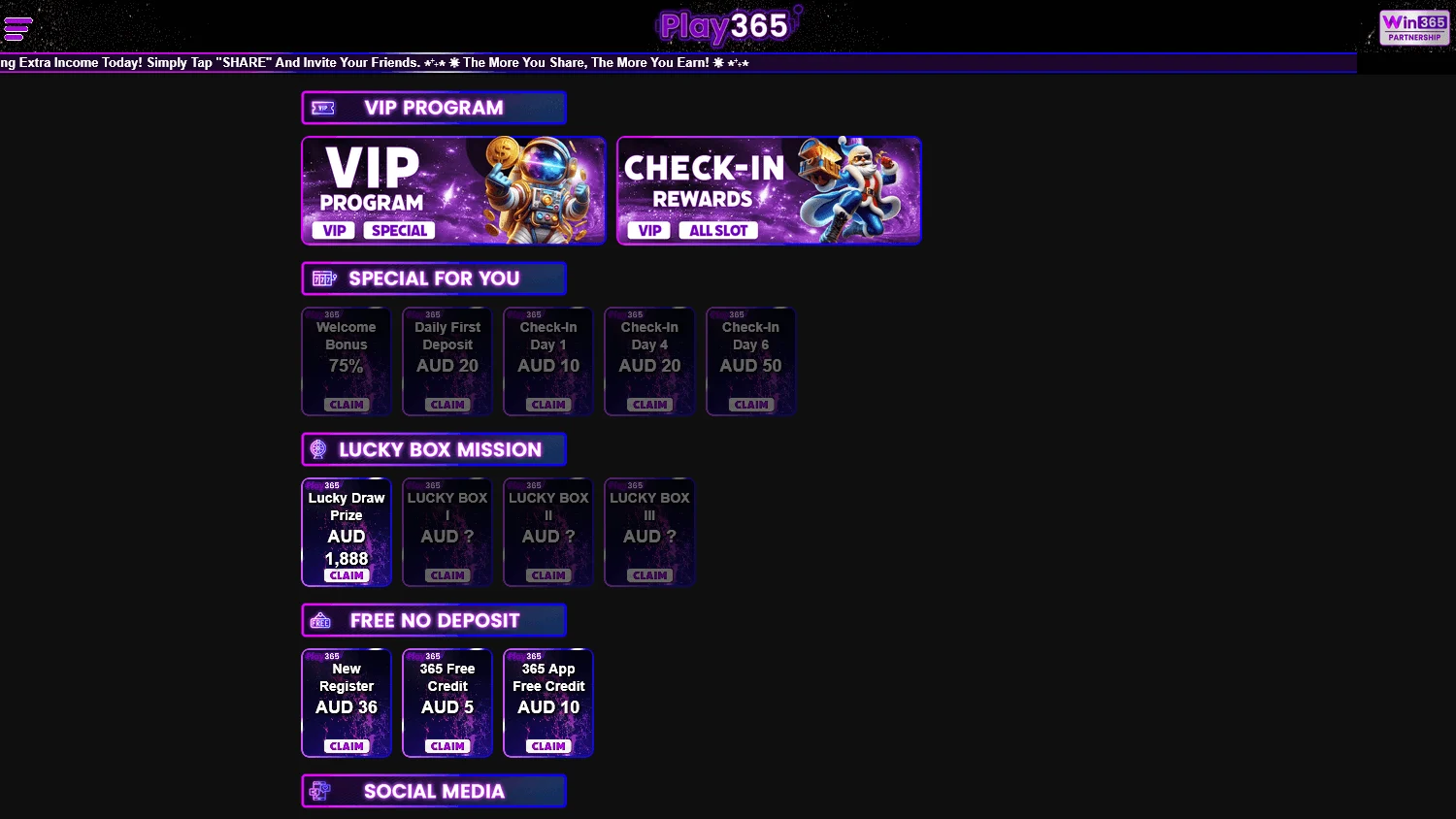 Play365 Casino promotions on a desktop browser