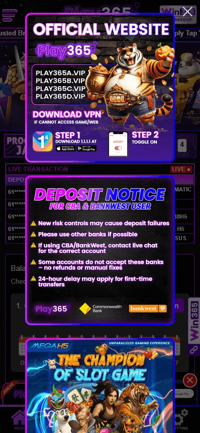 Play365 Casino home accessed on a mobile device